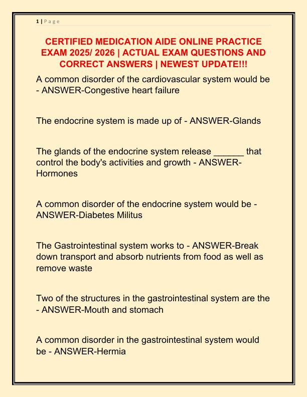 CERTIFIED MEDICATION AIDE ONLINE PRACTICE EXAM 2025