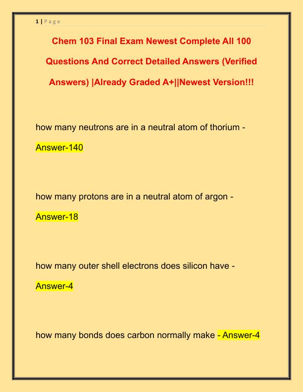 Chem 103 Final Exam Newest Complete All 100 Questions And Correct Detailed Answers