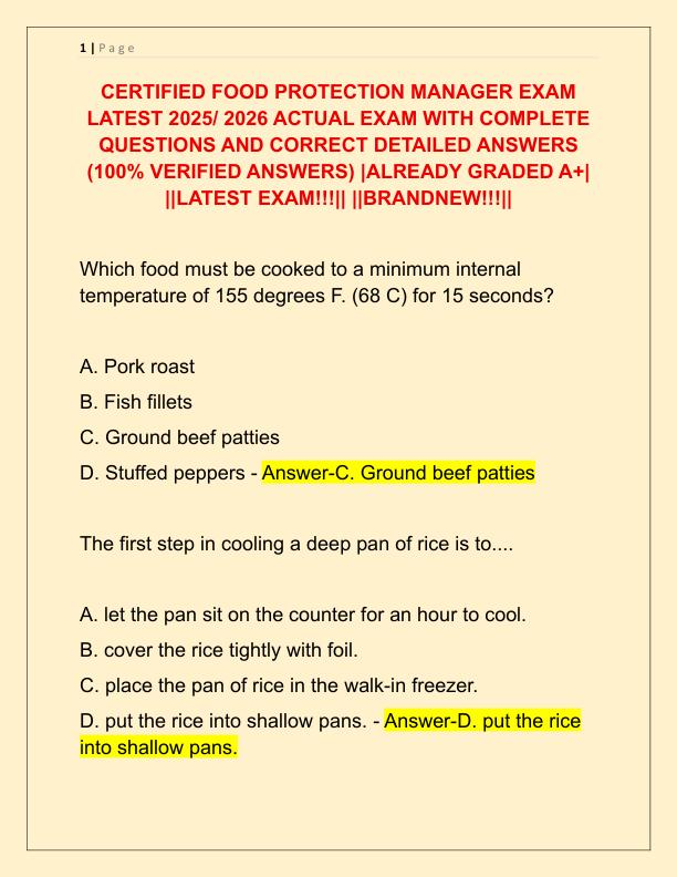 CERTIFIED FOOD PROTECTION MANAGER EXAM LATEST 2025