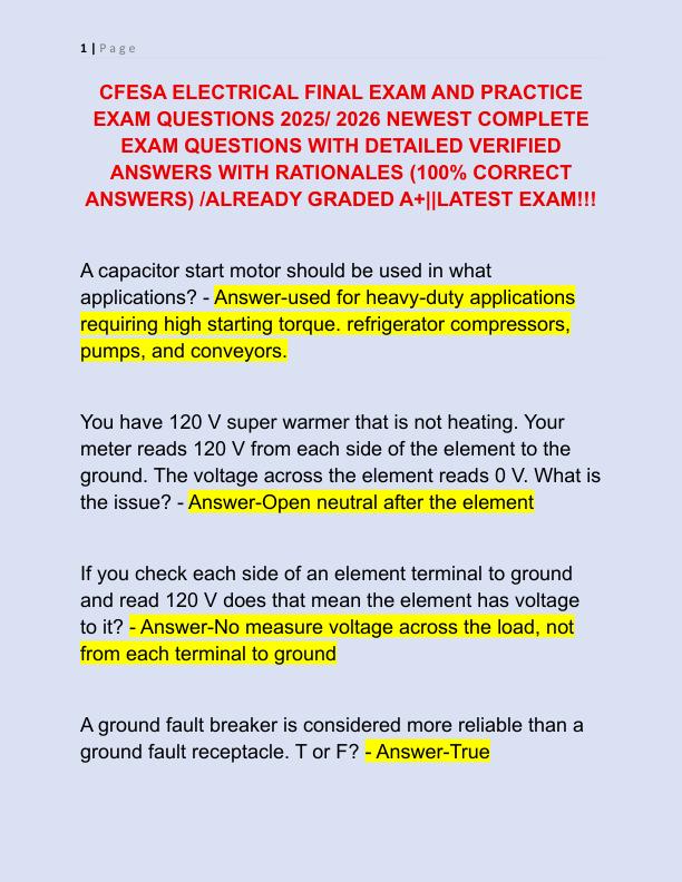 CFESA ELECTRICAL FINAL EXAM AND PRACTICE EXAM QUESTIONS 2025