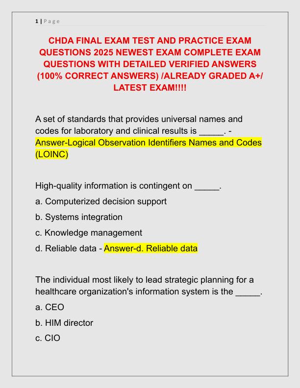 CHDA FINAL EXAM TEST AND PRACTICE EXAM QUESTIONS 2025 NEWEST EXAM COMPLETE EXAM QUESTIONS WITH DETAILED VERIFIED ANSWERS