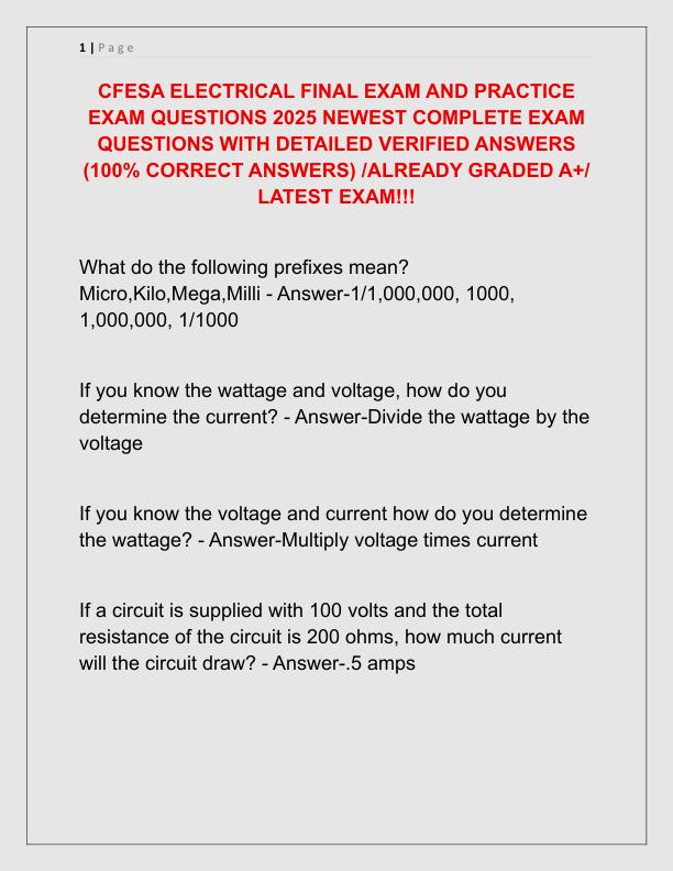 CFESA ELECTRICAL FINAL EXAM AND PRACTICE EXAM QUESTIONS 2025 NEWEST COMPLETE EXAM QUESTIONS WITH DETAILED VERIFIED ANSWERS
