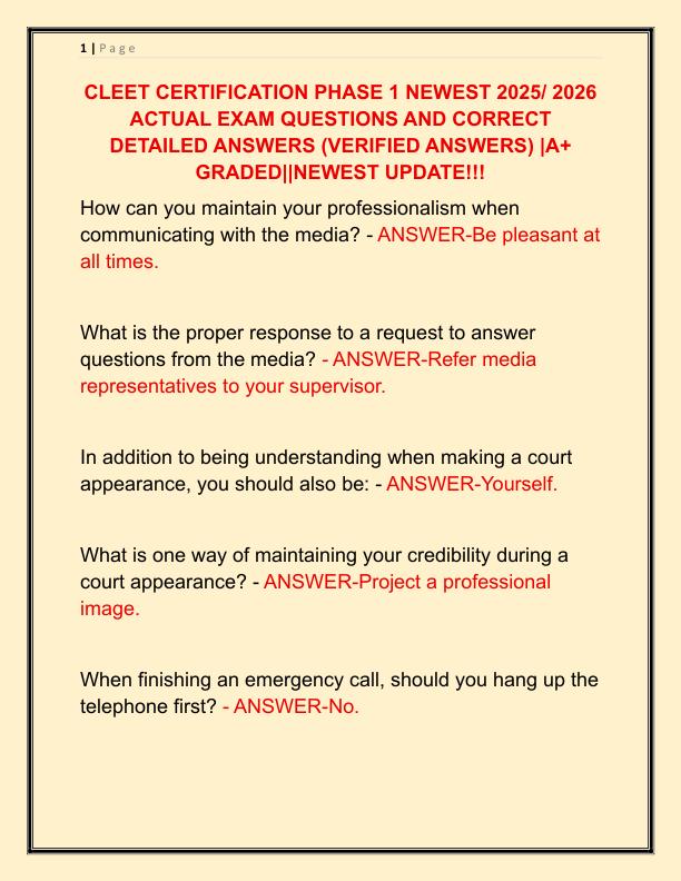 CLEET CERTIFICATION PHASE 1 NEWEST 2025 ACTUAL EXAM QUESTIONS AND CORRECT DETAILED ANSWERS