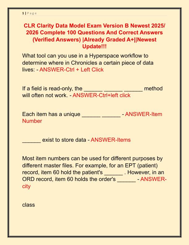 CLR Clarity Data Model Exam Version B Newest 2025 Complete 100 Questions And Correct Answers