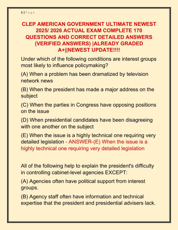 CLEP AMERICAN GOVERNMENT ULTIMATE NEWEST 2025 ACTUAL EXAM COMPLETE 170 QUESTIONS AND CORRECT DETAILED ANSWERS