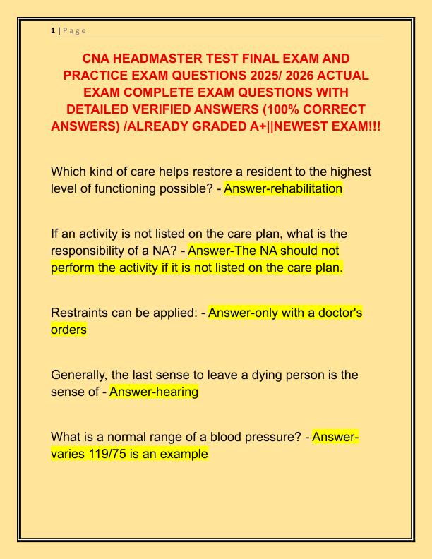 CNA HEADMASTER TEST FINAL EXAM AND PRACTICE EXAM QUESTIONS 2025
