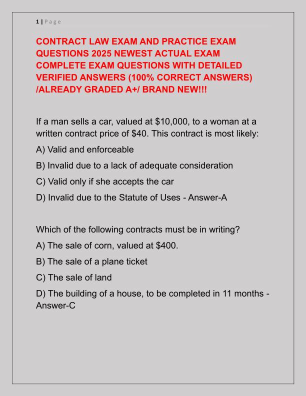 CONTRACT LAW EXAM AND PRACTICE EXAM QUESTIONS 2025 NEWEST ACTUAL EXAM COMPLETE EXAM QUESTIONS WITH DETAILED VERIFIED ANSWERS