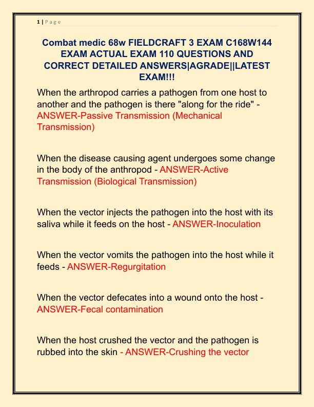 Combat medic 68w FIELDCRAFT 3 EXAM C168W144 EXAM ACTUAL EXAM 110 QUESTIONS AND CORRECT DETAILED ANSWERS