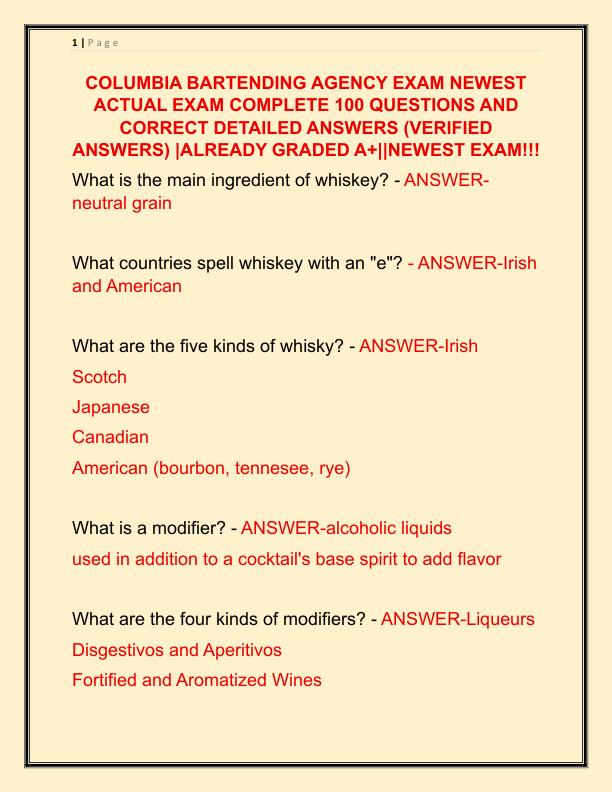COLUMBIA BARTENDING AGENCY EXAM NEWEST ACTUAL EXAM COMPLETE 100 QUESTIONS AND CORRECT DETAILED ANSWERS