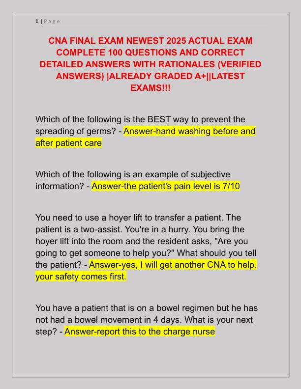 CNA FINAL EXAM NEWEST 2025 ACTUAL EXAM COMPLETE 100 QUESTIONS AND CORRECT DETAILED ANSWERS WITH RATIONALES