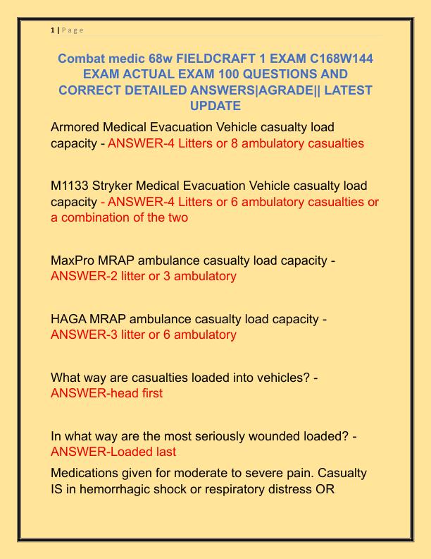 Combat medic 68w FIELDCRAFT 1 EXAM C168W144 EXAM ACTUAL EXAM 100 QUESTIONS AND CORRECT DETAILED ANSWERS