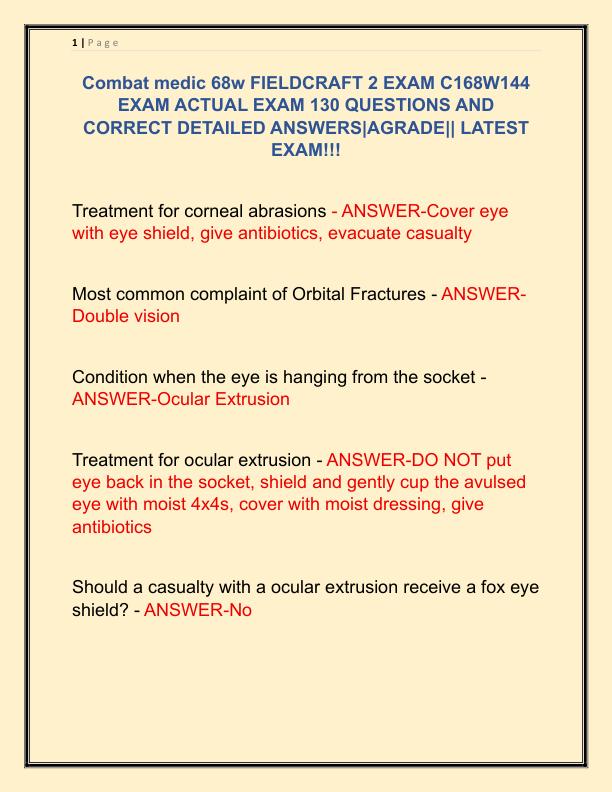 Combat medic 68w FIELDCRAFT 2 EXAM C168W144 EXAM ACTUAL EXAM 130 QUESTIONS AND CORRECT DETAILED ANSWERS
