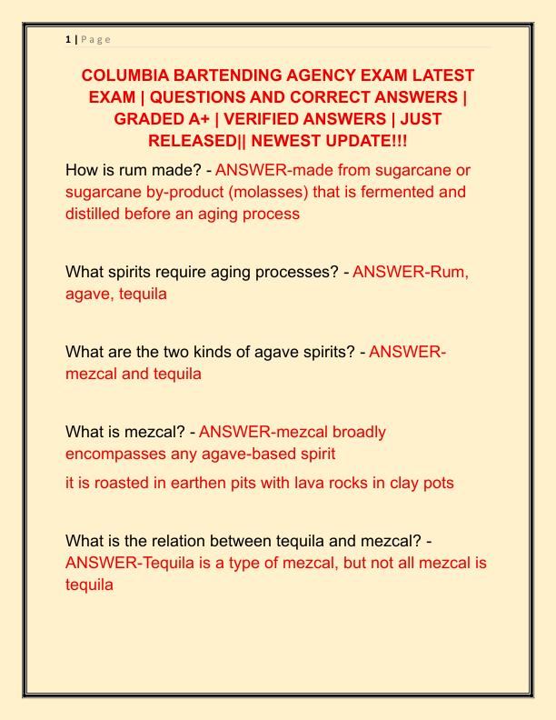 COLUMBIA BARTENDING AGENCY EXAM LATEST EXAM