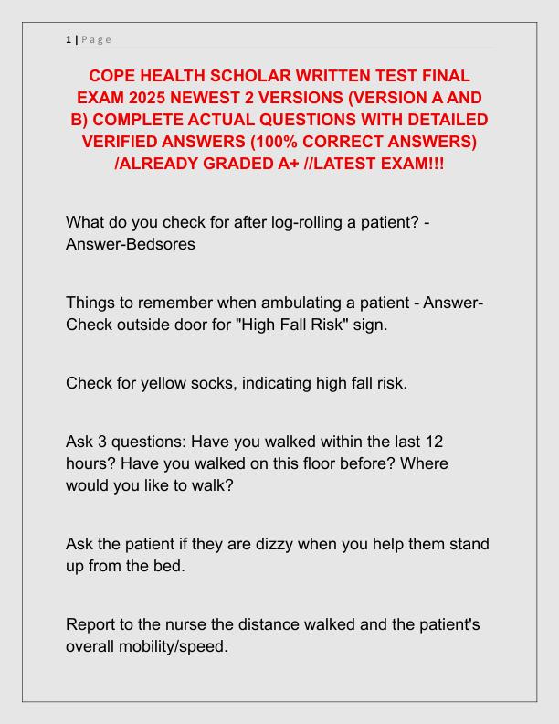 COPE HEALTH SCHOLAR WRITTEN TEST FINAL EXAM 2025 NEWEST 2 VERSIONS