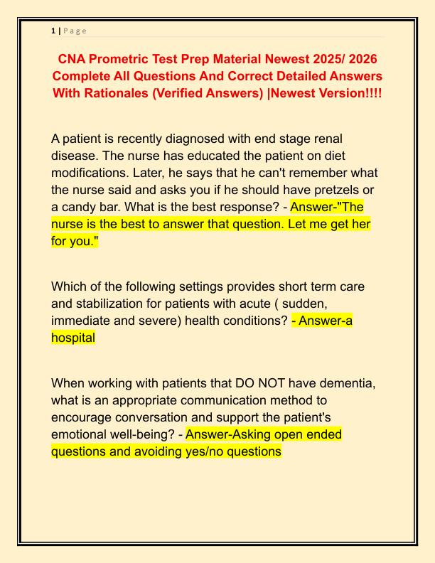 CNA Prometric Test Prep Material Newest 2025