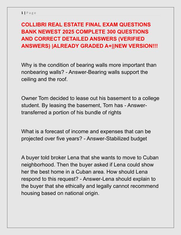 COLLIBRI REAL ESTATE FINAL EXAM QUESTIONS BANK NEWEST 2025 COMPLETE 300 QUESTIONS AND CORRECT DETAILED ANSWERS