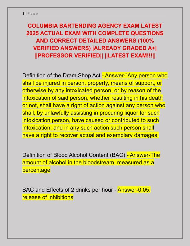 COLUMBIA BARTENDING AGENCY EXAM LATEST 2025 ACTUAL EXAM WITH COMPLETE QUESTIONS AND CORRECT DETAILED ANSWERS