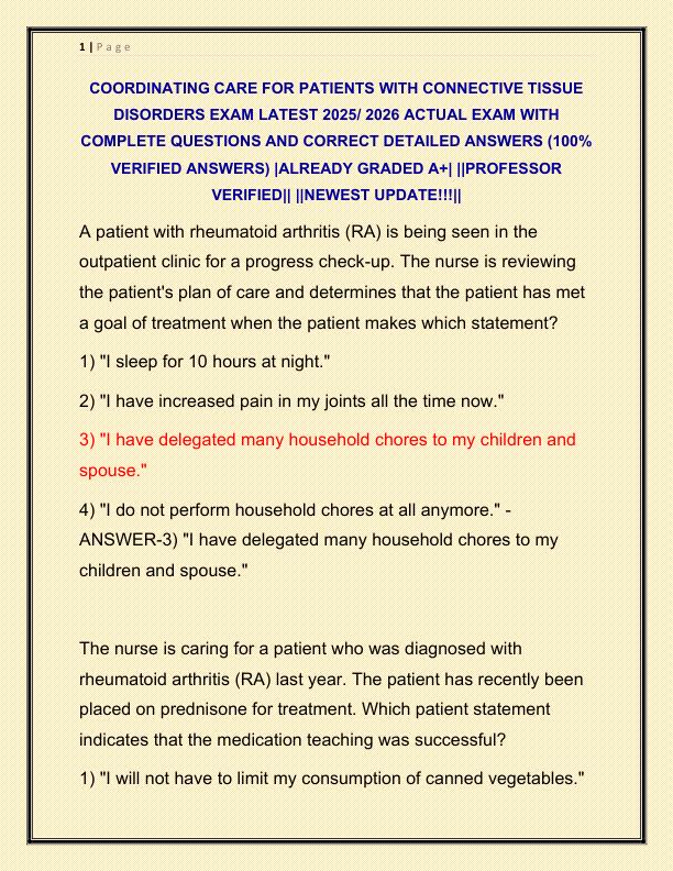 COORDINATING CARE FOR PATIENTS WITH CONNECTIVE TISSUE DISORDERS EXAM LATEST 2025 ACTUAL EXAM WITH COMPLETE QUESTIONS AND CORRECT DETAILED ANSWERS