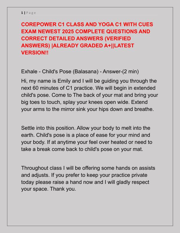 COREPOWER C1 CLASS AND YOGA C1 WITH CUES EXAM NEWEST 2025 COMPLETE QUESTIONS AND CORRECT DETAILED ANSWERS