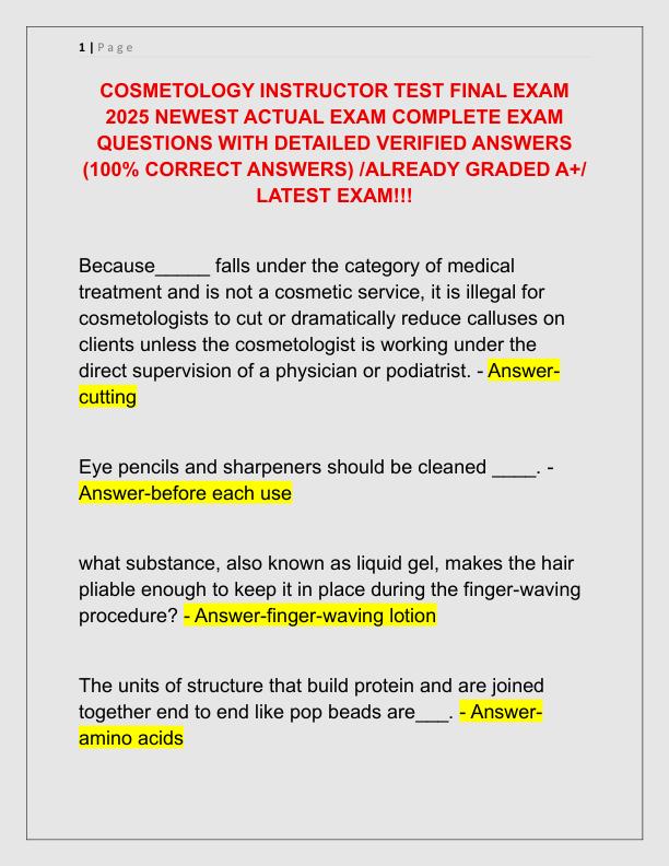 COSMETOLOGY INSTRUCTOR TEST FINAL EXAM 2025 NEWEST ACTUAL EXAM COMPLETE EXAM QUESTIONS WITH DETAILED VERIFIED ANSWERS