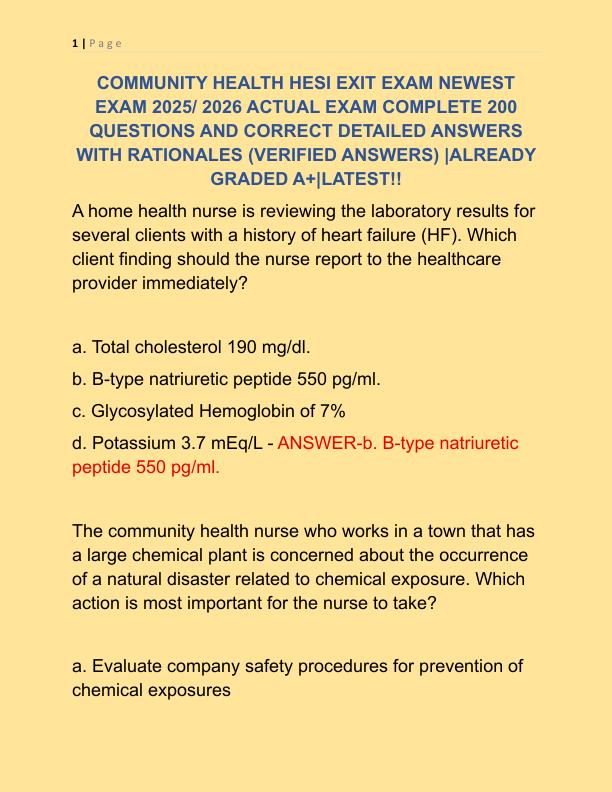 COMMUNITY HEALTH HESI EXIT EXAM NEWEST EXAM 2025 ACTUAL EXAM COMPLETE 200 QUESTIONS AND CORRECT DETAILED ANSWERS