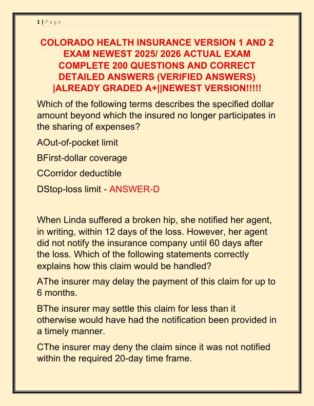 COLORADO HEALTH INSURANCE VERSION 1 AND 2 EXAM NEWEST 2025 ACTUAL EXAM COMPLETE 200 QUESTIONS AND CORRECT DETAILED ANSWERS