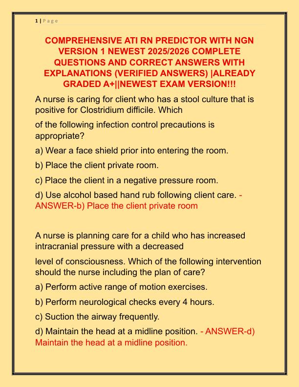 COMPREHENSIVE ATI RN PREDICTOR WITH NGN VERSION 1 NEWEST 2025