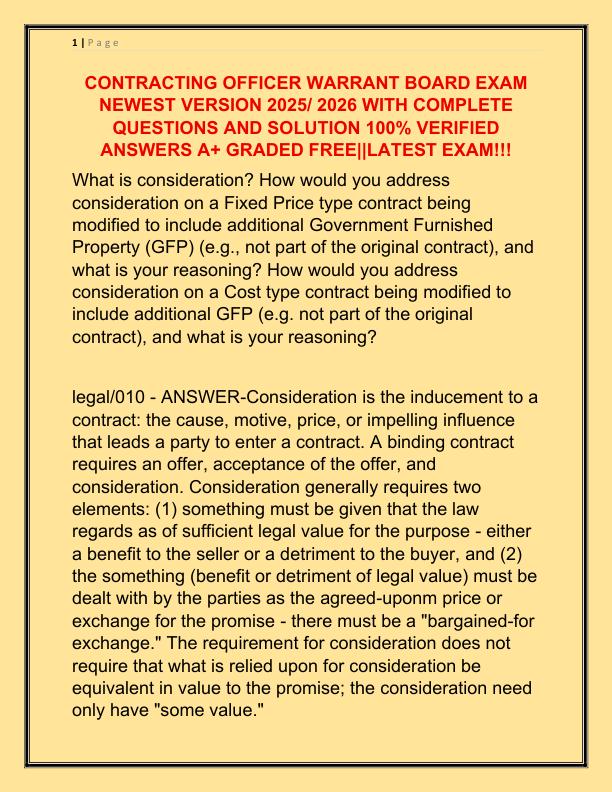 CONTRACTING OFFICER WARRANT BOARD EXAM NEWEST VERSION 2025 WITH COMPLETE QUESTIONS AND SOLUTION 100