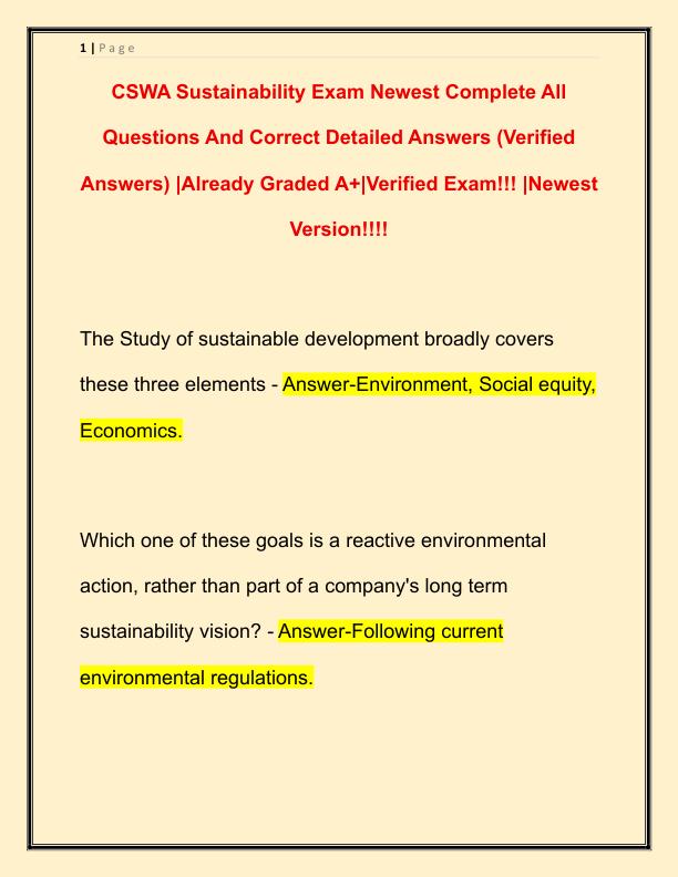 CSWA Sustainability Exam Newest Complete All Questions And Correct Detailed Answers