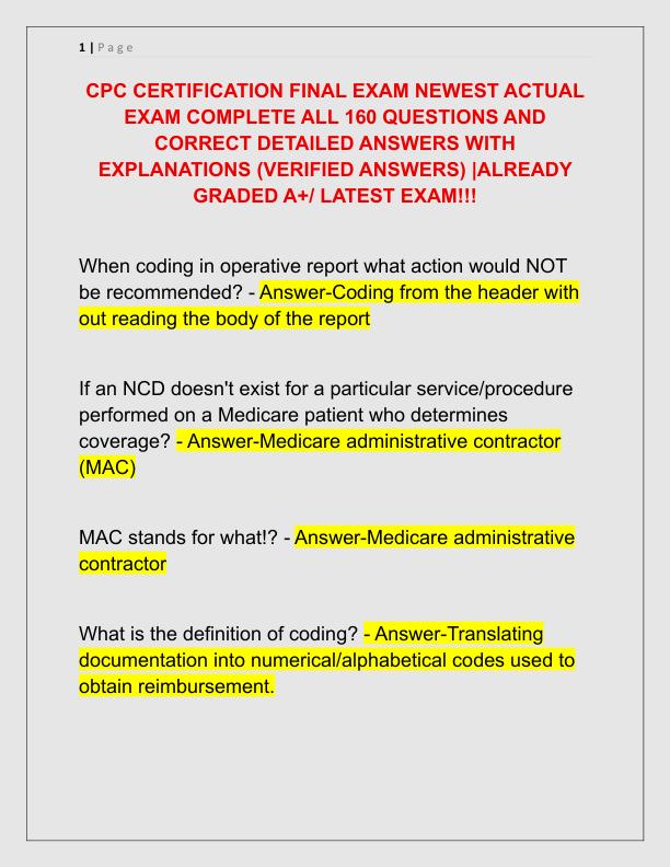 CPC CERTIFICATION FINAL EXAM NEWEST ACTUAL EXAM COMPLETE ALL 160 QUESTIONS AND CORRECT DETAILED ANSWERS WITH EXPLANATIONS