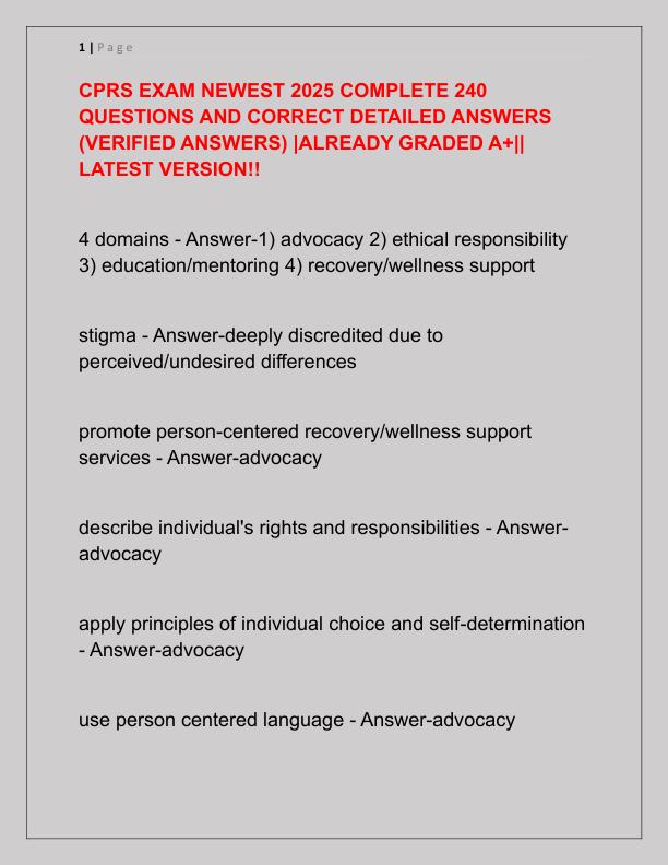 CPRS EXAM NEWEST 2025 COMPLETE 240 QUESTIONS AND CORRECT DETAILED ANSWERS