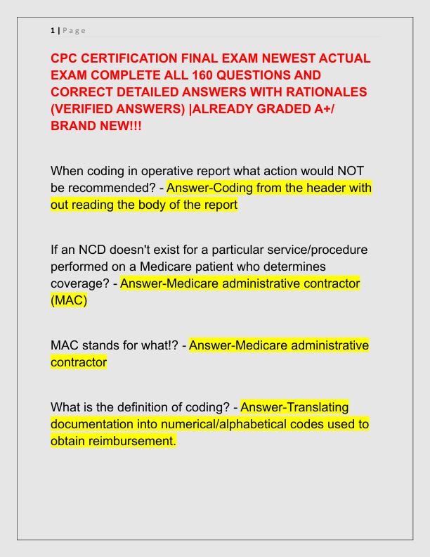 CPC CERTIFICATION FINAL EXAM NEWEST ACTUAL EXAM COMPLETE ALL 160 QUESTIONS AND CORRECT DETAILED ANSWERS WITH RATIONALES