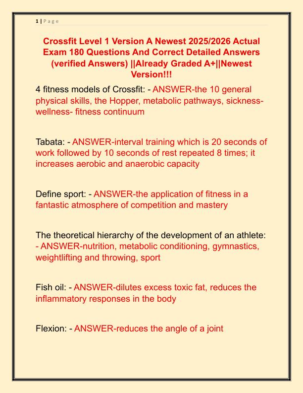 Crossfit Level 1 Version A Newest 2025 Actual Exam 180 Questions And Correct Detailed Answers