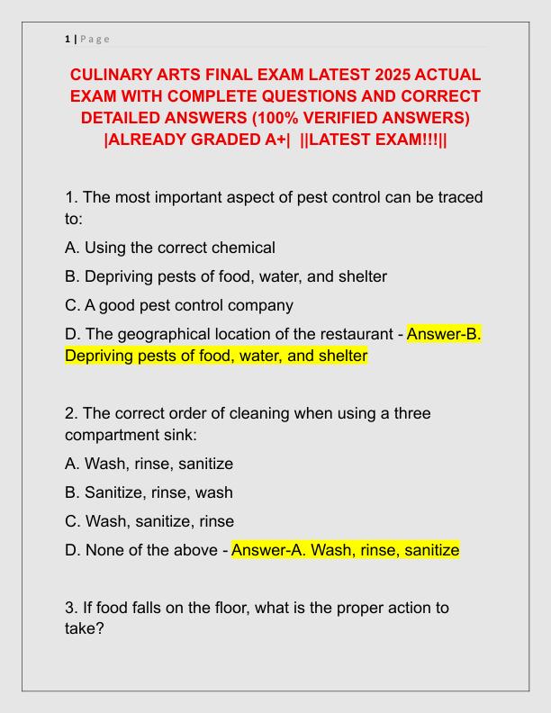 CULINARY ARTS FINAL EXAM LATEST 2025 ACTUAL EXAM WITH COMPLETE QUESTIONS AND CORRECT DETAILED ANSWERS