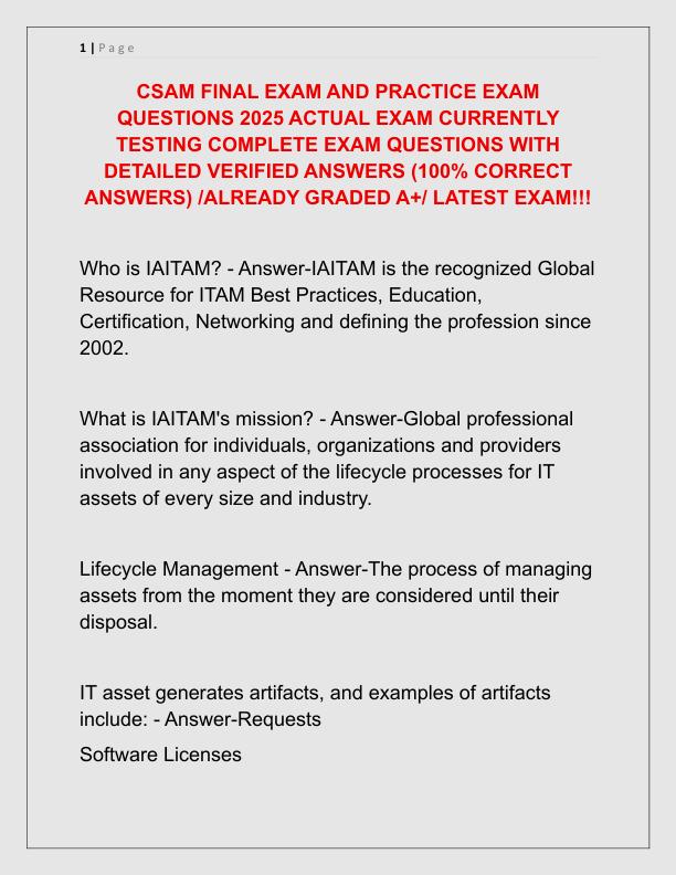 CSAM FINAL EXAM AND PRACTICE EXAM QUESTIONS 2025 ACTUAL EXAM CURRENTLY TESTING COMPLETE EXAM QUESTIONS WITH DETAILED VERIFIED ANSWERS