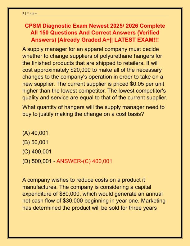 CPSM Diagnostic Exam Newest 2025 Complete All 150 Questions And Correct Answers