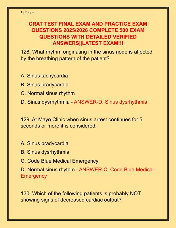 CRAT TEST FINAL EXAM AND PRACTICE EXAM QUESTIONS 2025 COMPLETE 500 EXAM QUESTIONS WITH DETAILED VERIFIED ANSWERS