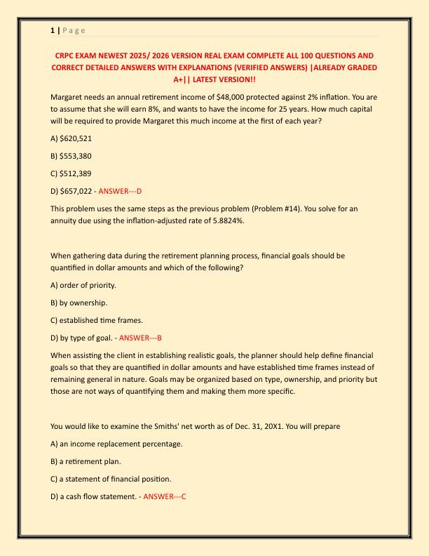 CRPC EXAM NEWEST 2025 VERSION REAL EXAM COMPLETE ALL 100 QUESTIONS AND CORRECT DETAILED ANSWERS WITH EXPLANATIONS