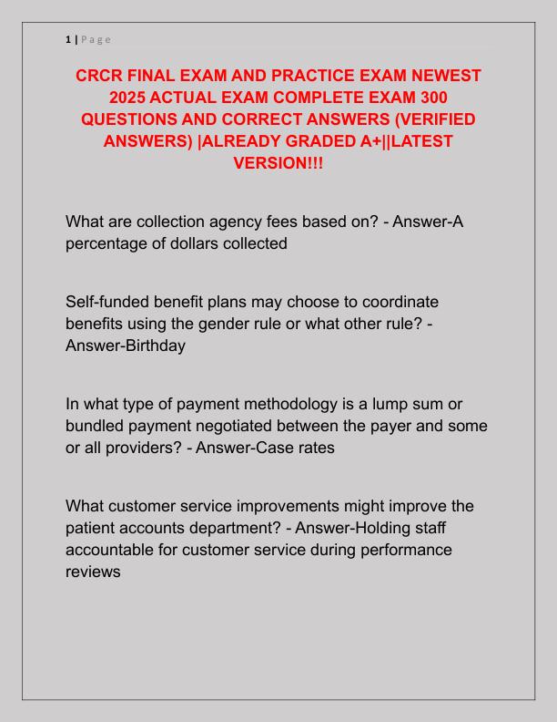 CRCR FINAL EXAM AND PRACTICE EXAM NEWEST 2025 ACTUAL EXAM COMPLETE EXAM 300 QUESTIONS AND CORRECT ANSWERS