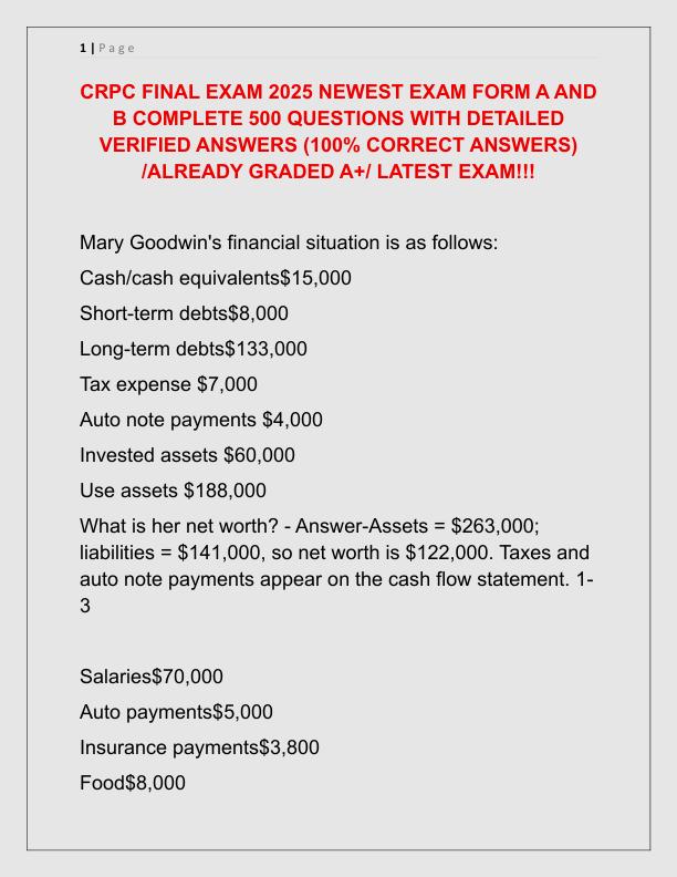 CRPC FINAL EXAM 2025 NEWEST EXAM FORM A AND B COMPLETE 500 QUESTIONS WITH DETAILED VERIFIED ANSWERS