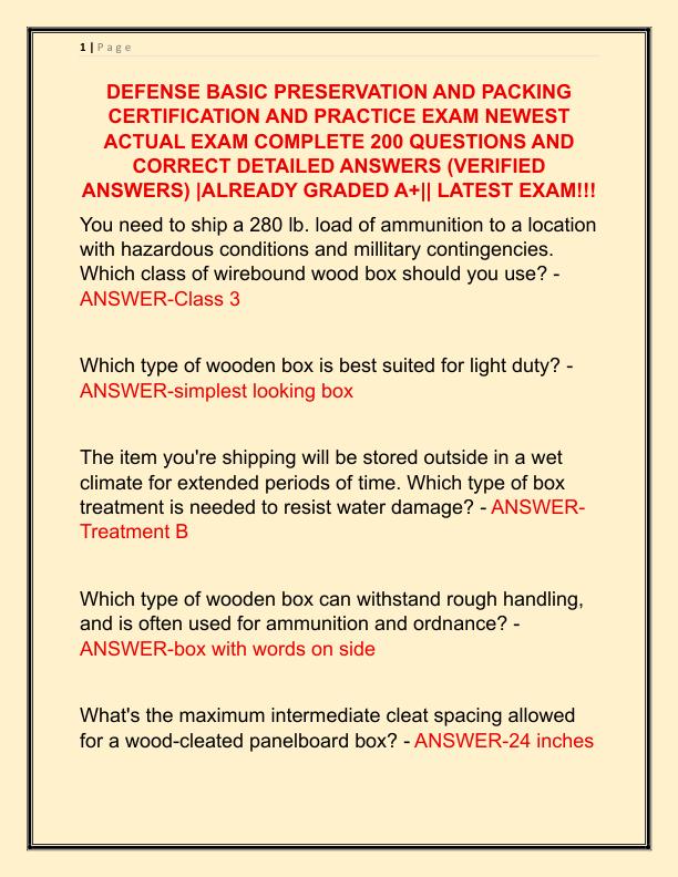 DEFENSE BASIC PRESERVATION AND PACKING CERTIFICATION AND PRACTICE EXAM NEWEST ACTUAL EXAM COMPLETE 200 QUESTIONS AND CORRECT DETAILED ANSWERS