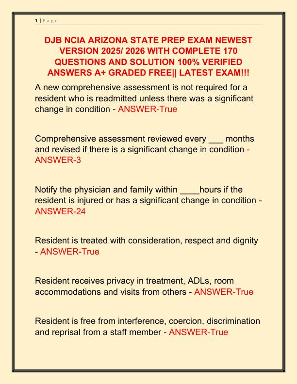 DJB NCIA ARIZONA STATE PREP EXAM NEWEST VERSION 2025 WITH COMPLETE 170 QUESTIONS AND SOLUTION 100
