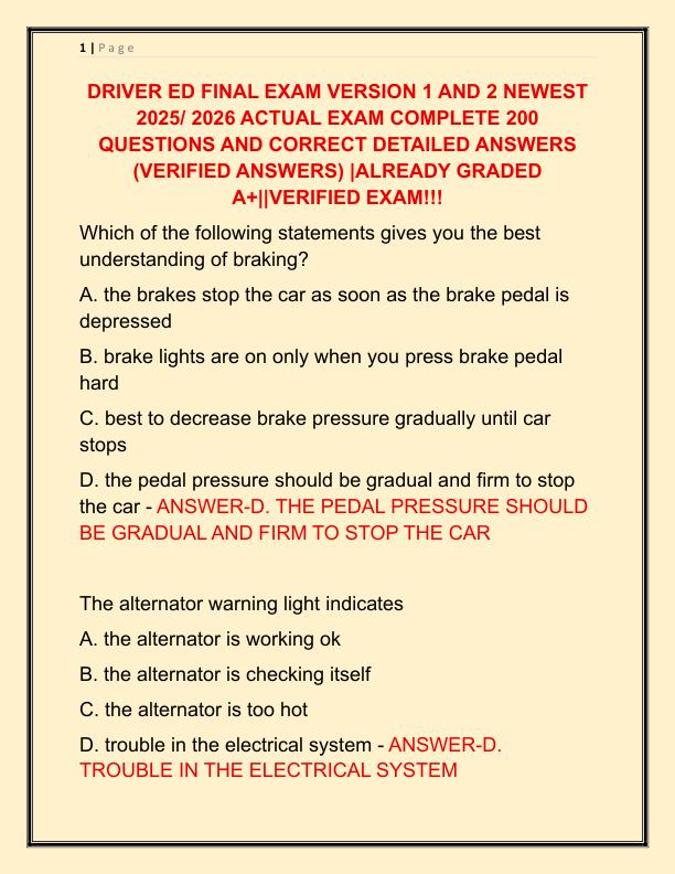DRIVER ED FINAL EXAM VERSION 1 AND 2 NEWEST 2025 ACTUAL EXAM COMPLETE 200 QUESTIONS AND CORRECT DETAILED ANSWERS