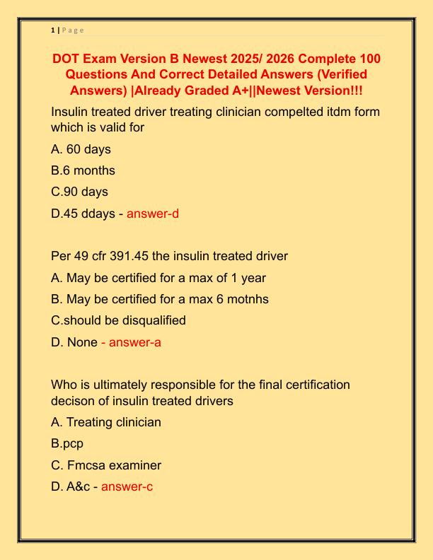 DOT Exam Version B Newest 2025 Complete 100 Questions And Correct Detailed Answers