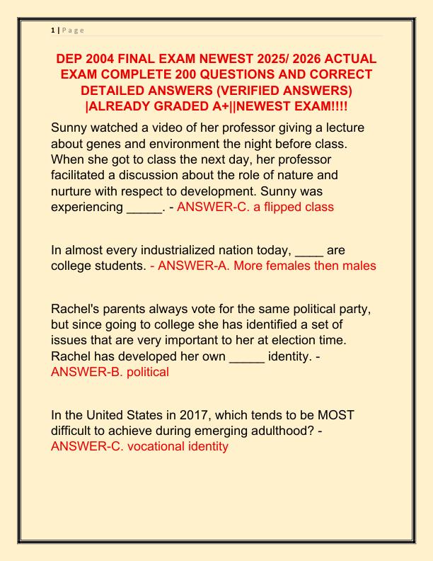 DEP 2004 FINAL EXAM NEWEST 2025 ACTUAL EXAM COMPLETE 200 QUESTIONS AND CORRECT DETAILED ANSWERS