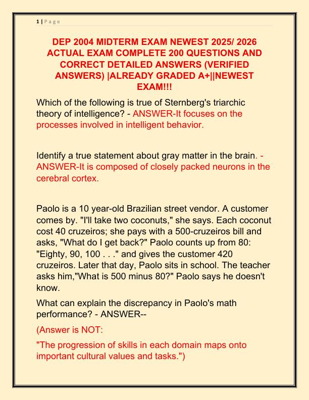 DEP 2004 MIDTERM EXAM NEWEST 2025 ACTUAL EXAM COMPLETE 200 QUESTIONS AND CORRECT DETAILED ANSWERS