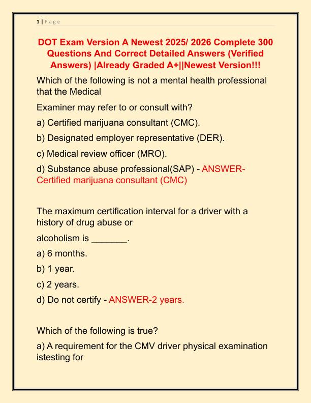 DOT Exam Version A Newest 2025 Complete 300 Questions And Correct Detailed Answers