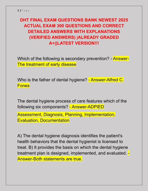 DHT FINAL EXAM QUESTIONS BANK NEWEST 2025 ACTUAL EXAM 300 QUESTIONS AND CORRECT DETAILED ANSWERS WITH EXPLANATIONS