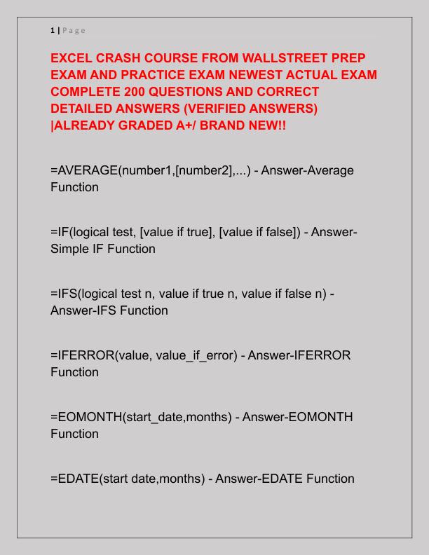 EXCEL CRASH COURSE FROM WALLSTREET PREP EXAM AND PRACTICE EXAM NEWEST ACTUAL EXAM COMPLETE 200 QUESTIONS AND CORRECT DETAILED ANSWERS