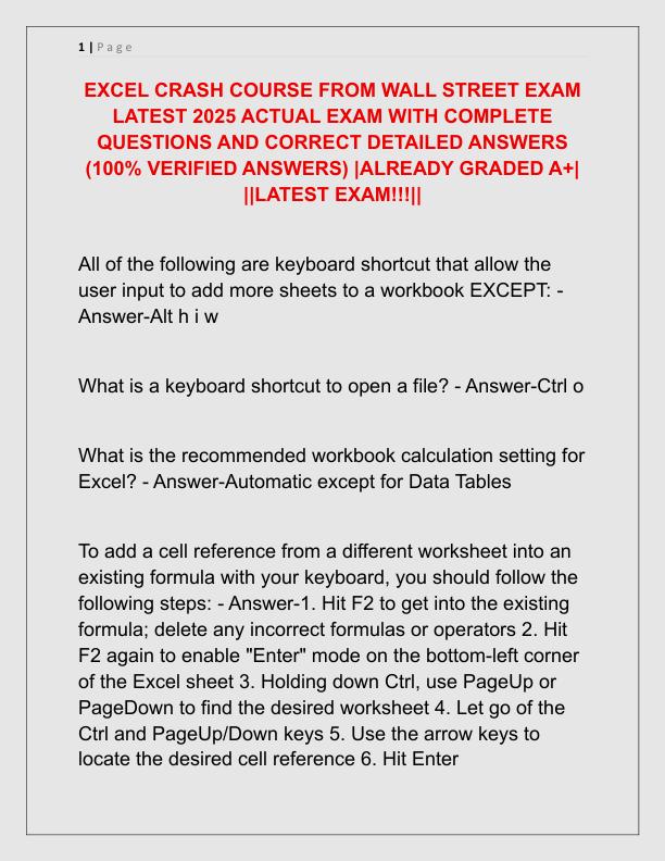EXCEL CRASH COURSE FROM WALL STREET EXAM LATEST 2025 ACTUAL EXAM WITH COMPLETE QUESTIONS AND CORRECT DETAILED ANSWERS